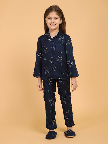 Navy Blue All Over Print Top & Pyjama Sets