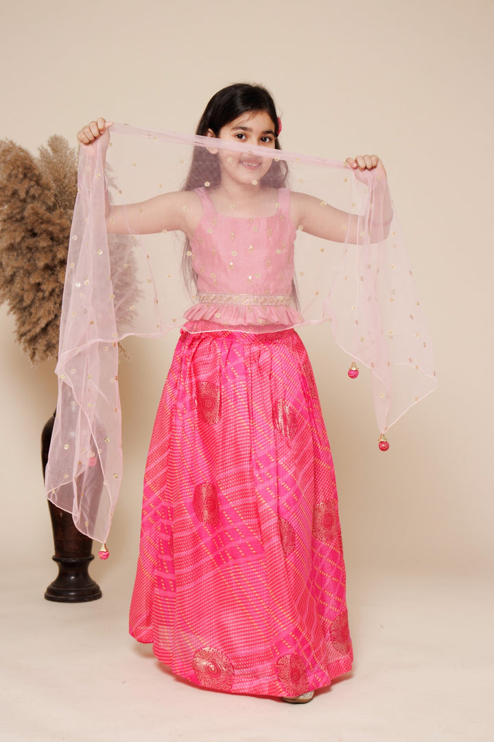 Girls Pink Silk Blend Lehenga Choli Set With Dupatta