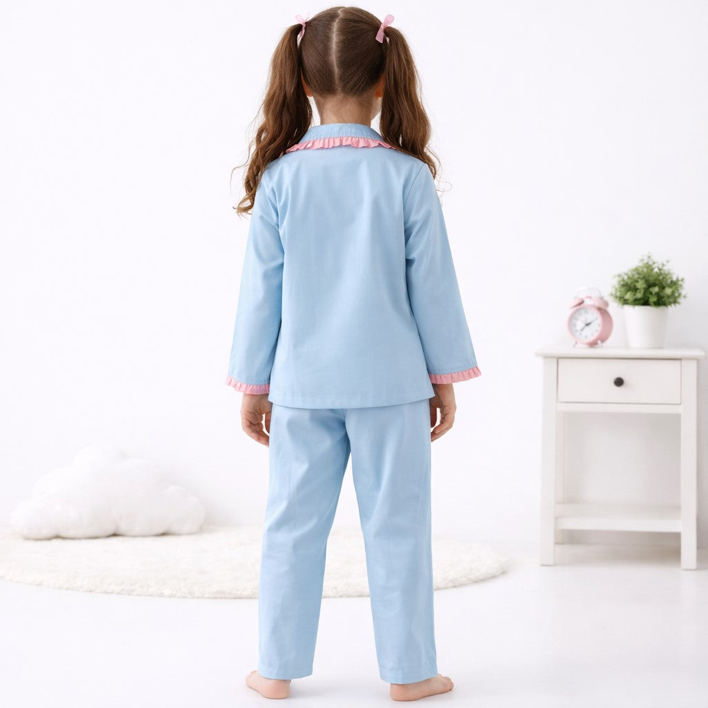 Piccolo Girls Cotton Night Suit with Heart Pocket  Applique -Blue & Pink