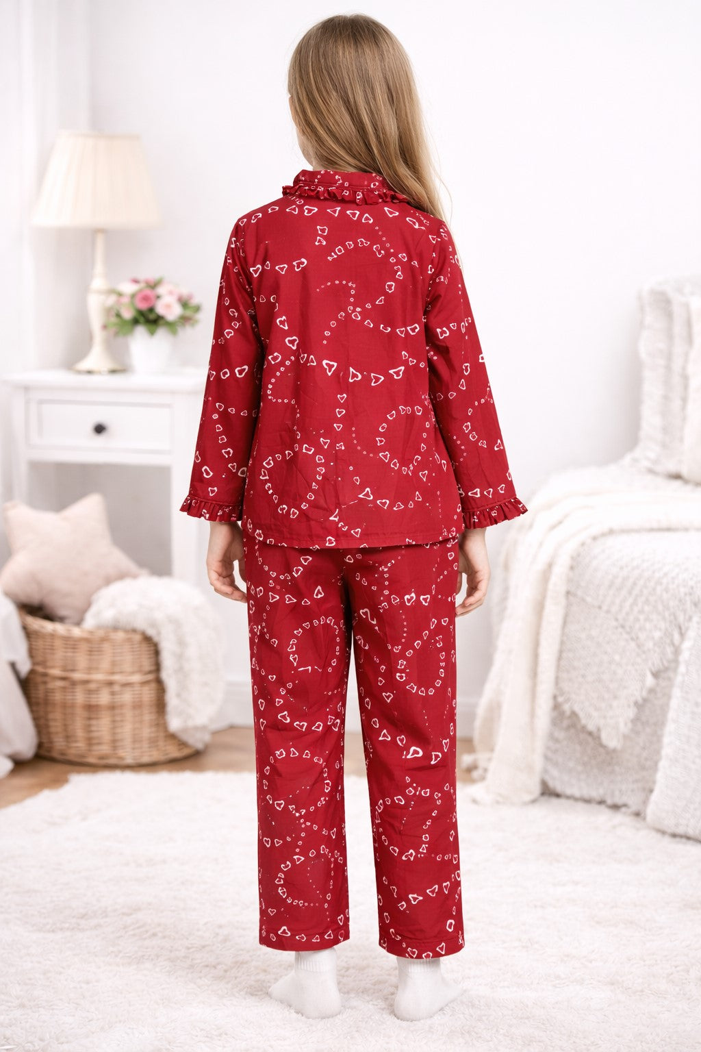 Piccolo Girls Maroon Heart Printed Rayon Night Suit with Front Pockets -Maroon