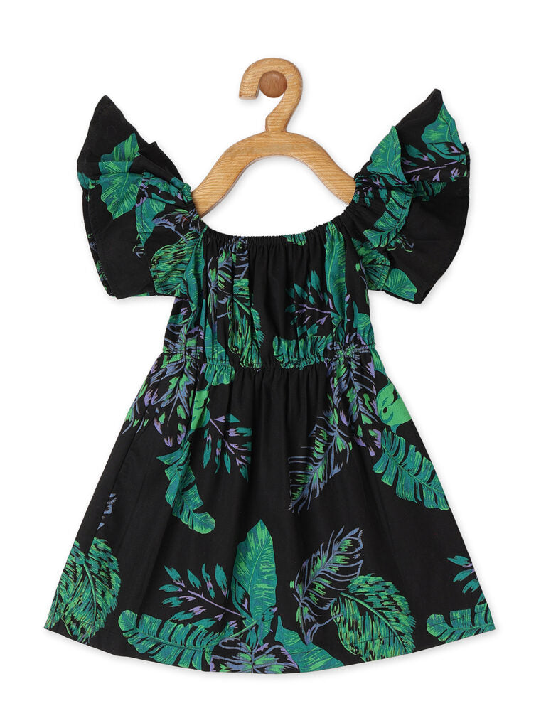 Black Leaf Print Off Shoulder Dress
