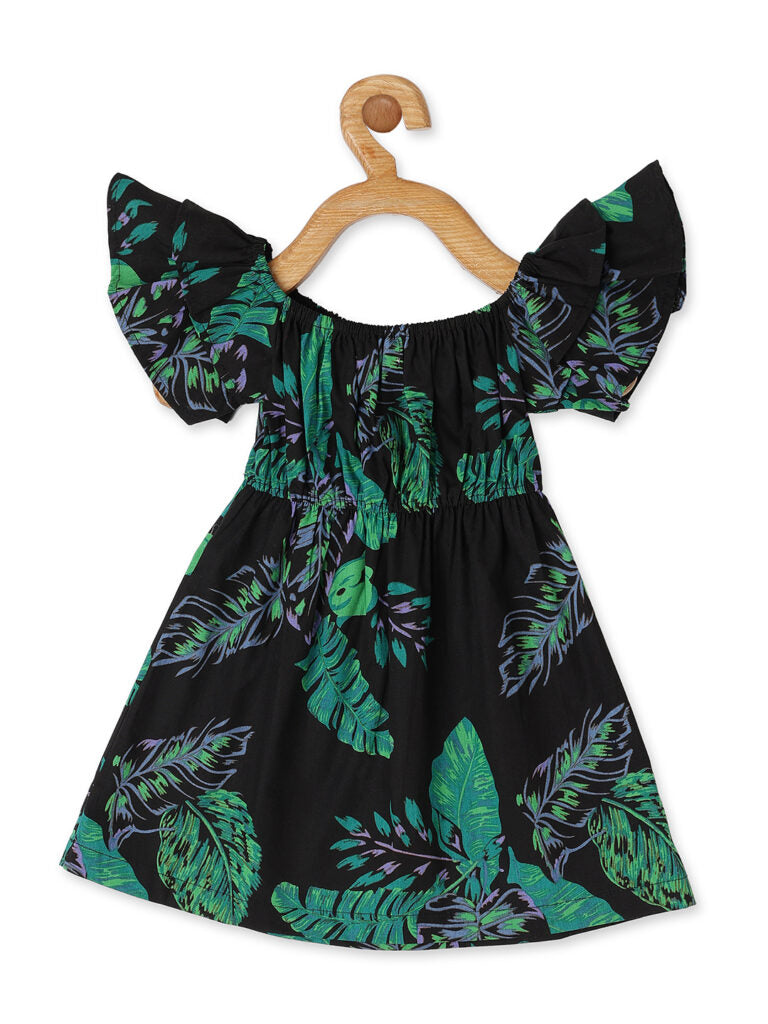 Black Leaf Print Off Shoulder Dress