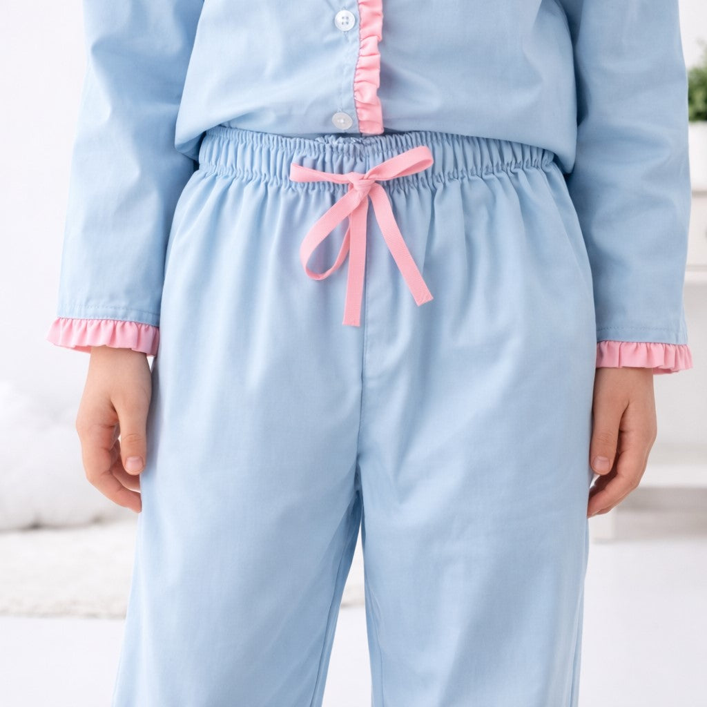 Piccolo Girls Cotton Night Suit with Heart Pocket  Applique -Blue & Pink