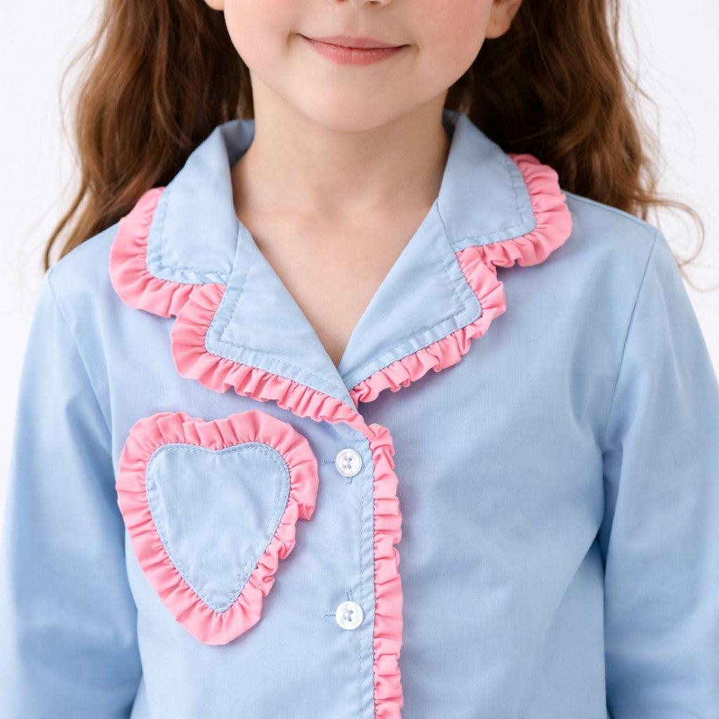 Piccolo Girls Cotton Night Suit with Heart Pocket  Applique -Blue & Pink