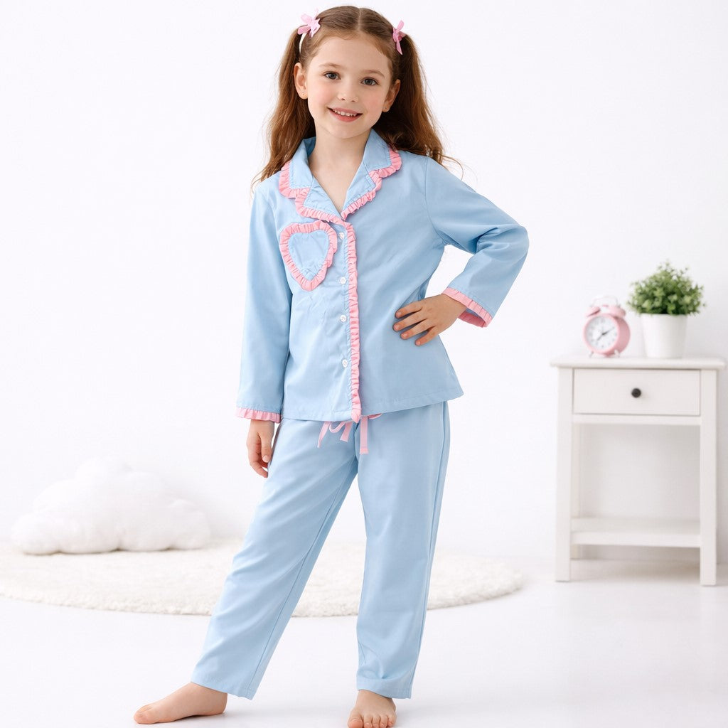 Piccolo Girls Cotton Night Suit with Heart Pocket  Applique -Blue & Pink