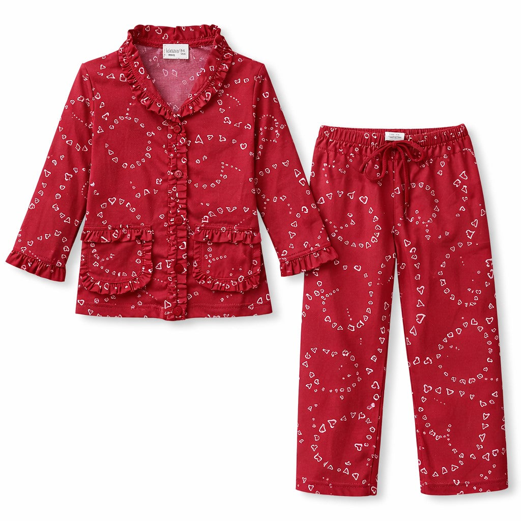 Piccolo Girls Maroon Heart Printed Rayon Night Suit with Front Pockets -Maroon