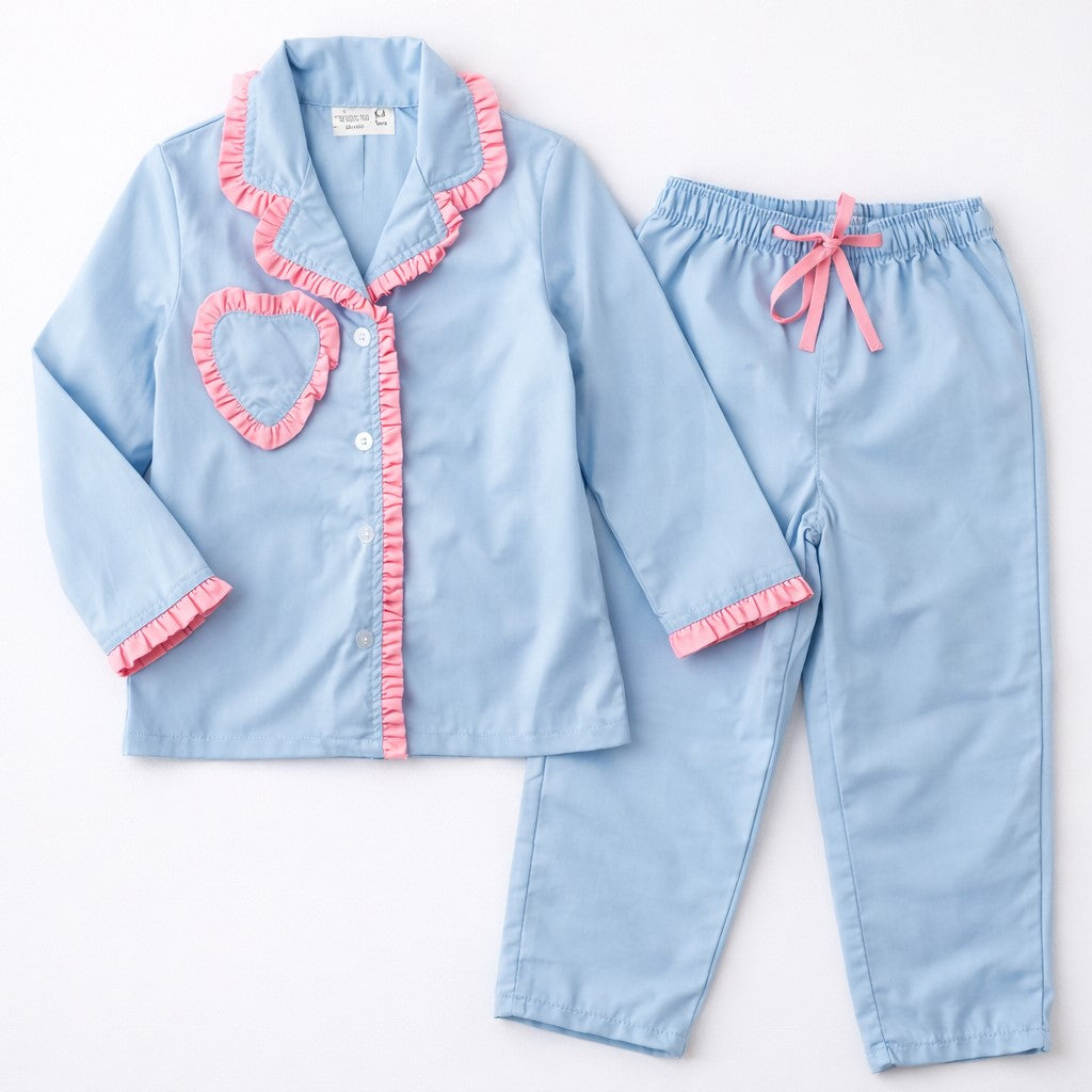 Piccolo Girls Cotton Night Suit with Heart Pocket  Applique -Blue & Pink