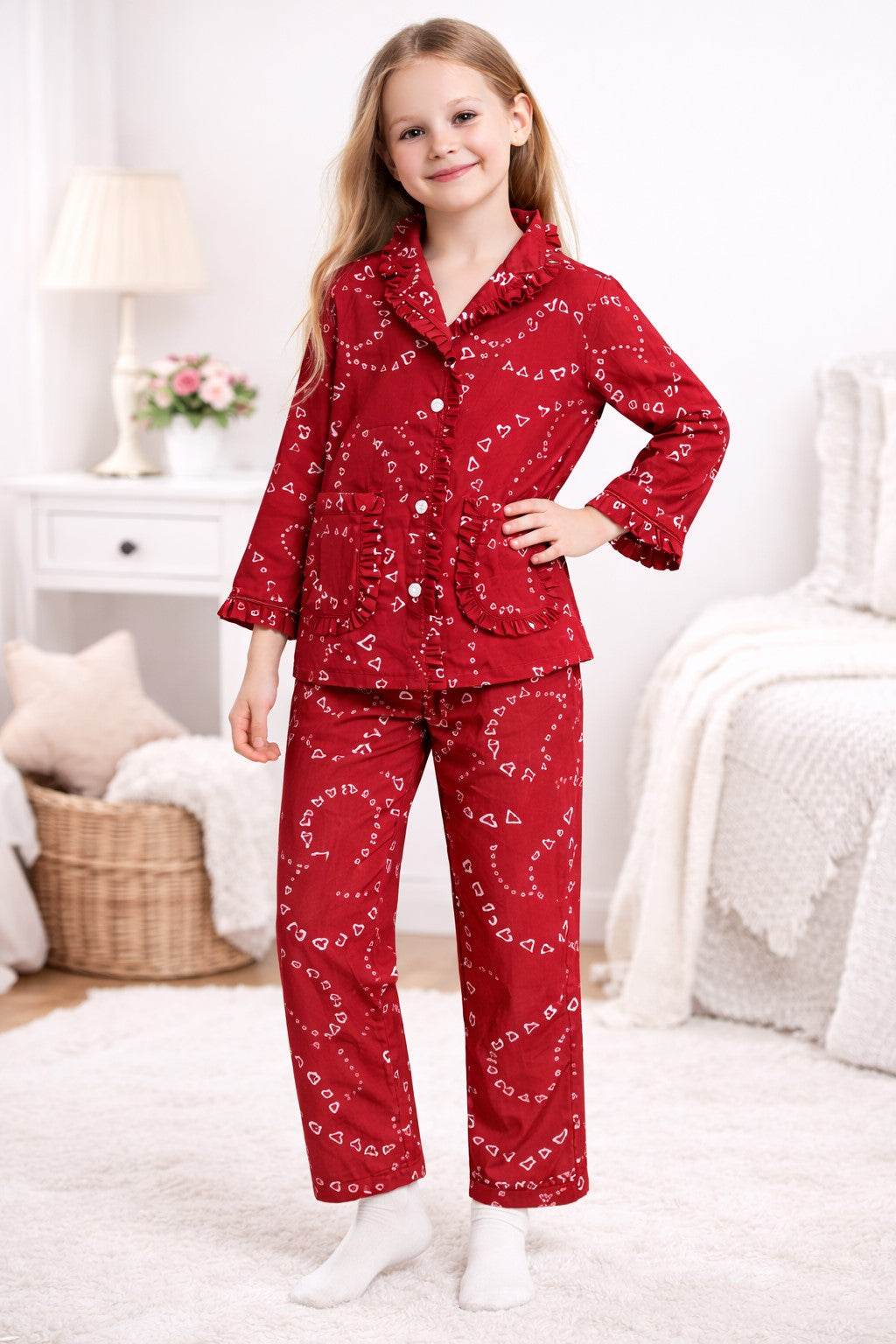 Piccolo Girls Maroon Heart Printed Rayon Night Suit with Front Pockets -Maroon