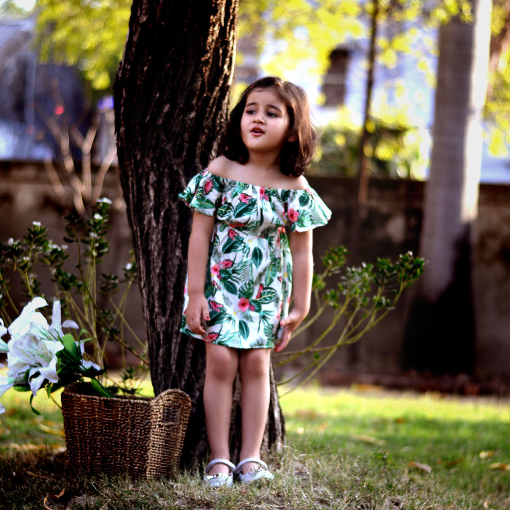 Leafs Printed Cotton Dress - Green
