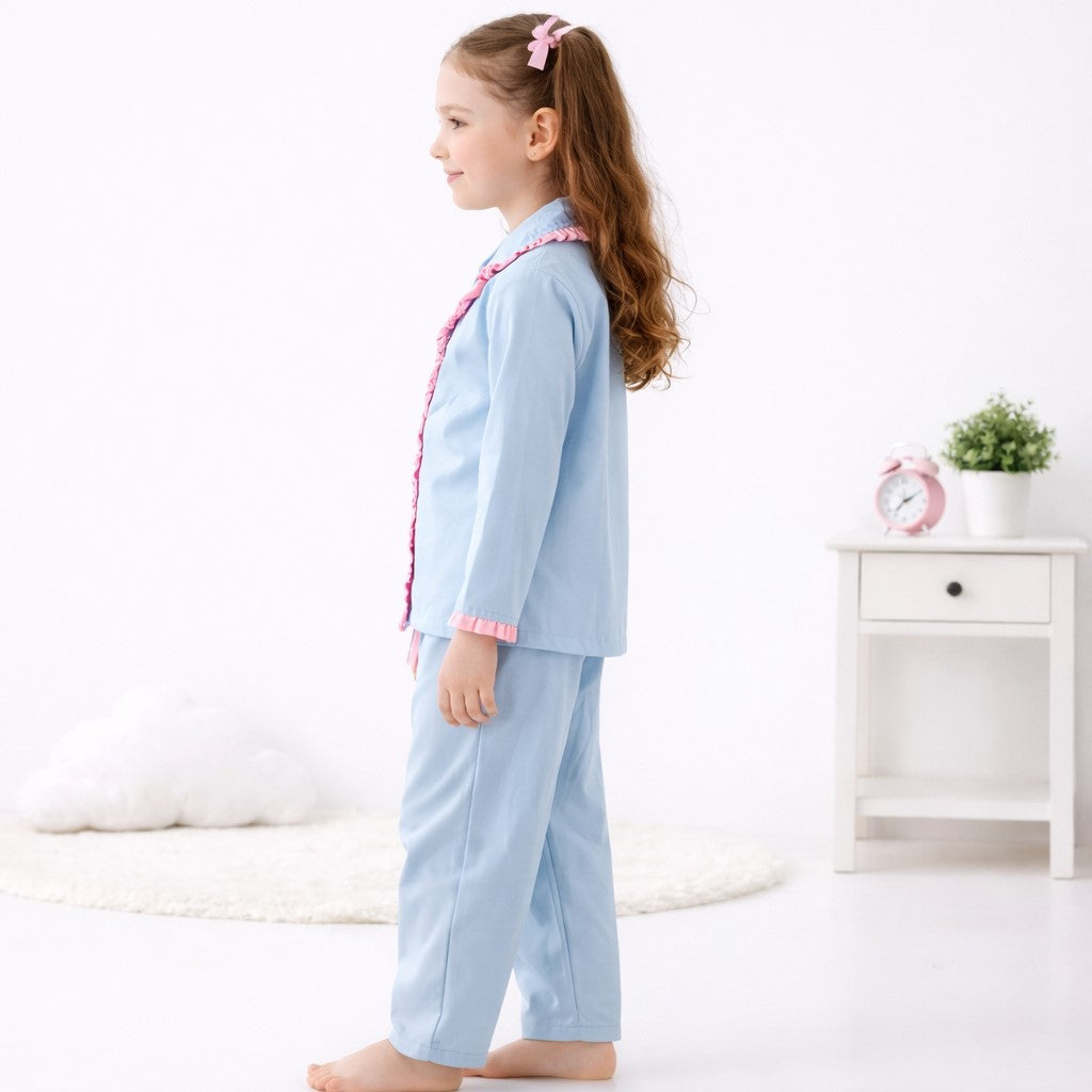 Piccolo Girls Cotton Night Suit with Heart Pocket  Applique -Blue & Pink