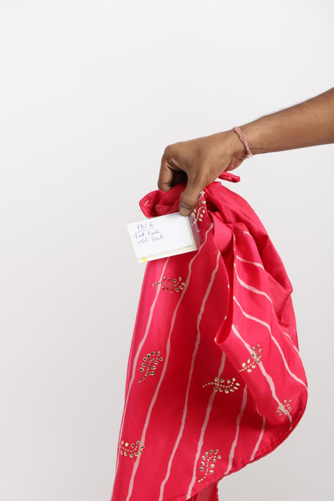 Pink Lehriya Panel Kurta With White Payjama Set